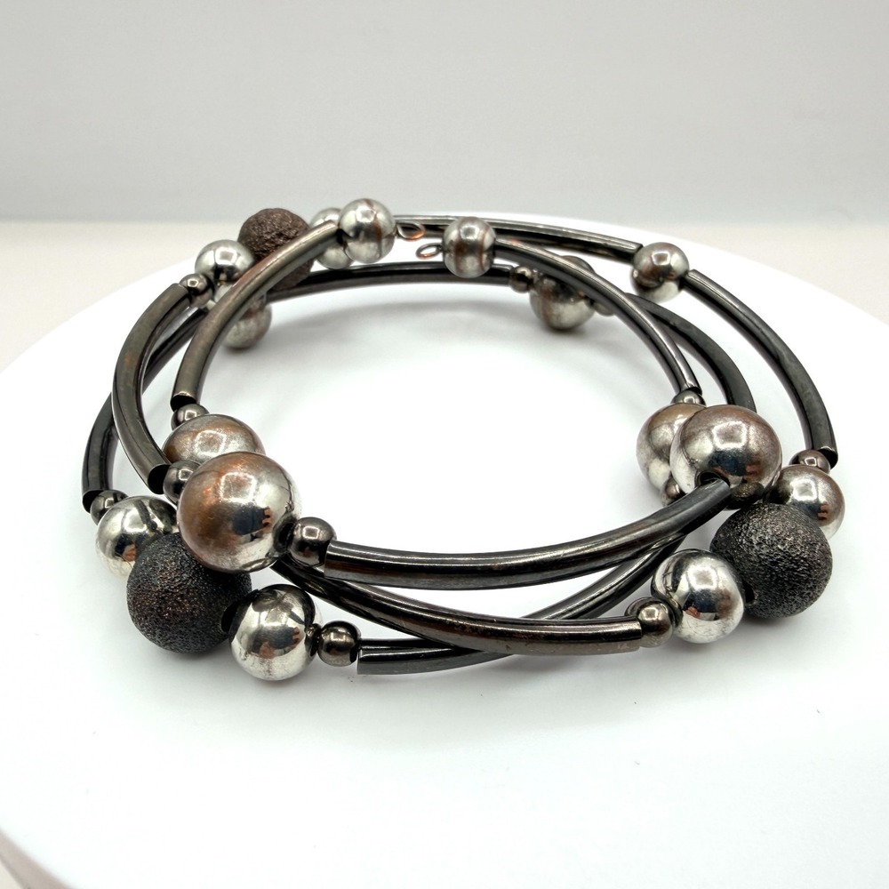 Vintage Gunmetal Silver Tone Multi-Layer Wrap Memory Wire Bracelet 90s